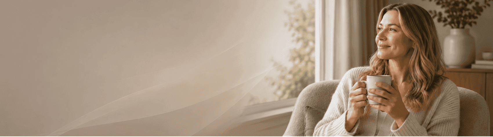 Woman with coffee looking peacefully out window